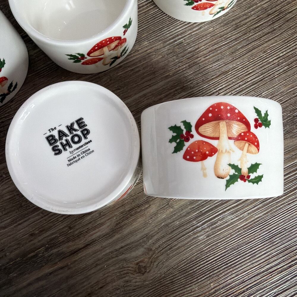 The Bakeshop Ceramic Mushroom & Holly Ramekins set 8 bowls cups dishes holiday
